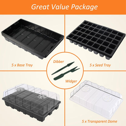 5-Set Garden Propagator Set, Seed Tray Kits with 200-Cell, Seed Starter Tray with Dome and Base 15" X 9" (40-Cell per Tray)