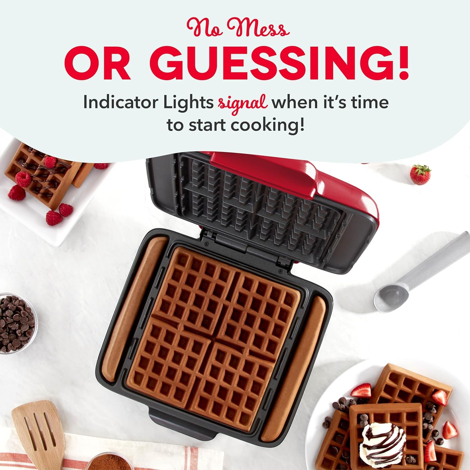 Deluxe No-Drip Belgian Waffle Iron Maker Machine 1200W + Hash Browns, or Any Breakfast, Lunch, & Snacks with Easy Clean, Non-Stick + Mess Free Sides, Red