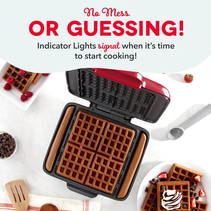 Deluxe No-Drip Belgian Waffle Iron Maker Machine 1200W + Hash Browns, or Any Breakfast, Lunch, & Snacks with Easy Clean, Non-Stick + Mess Free Sides, Red