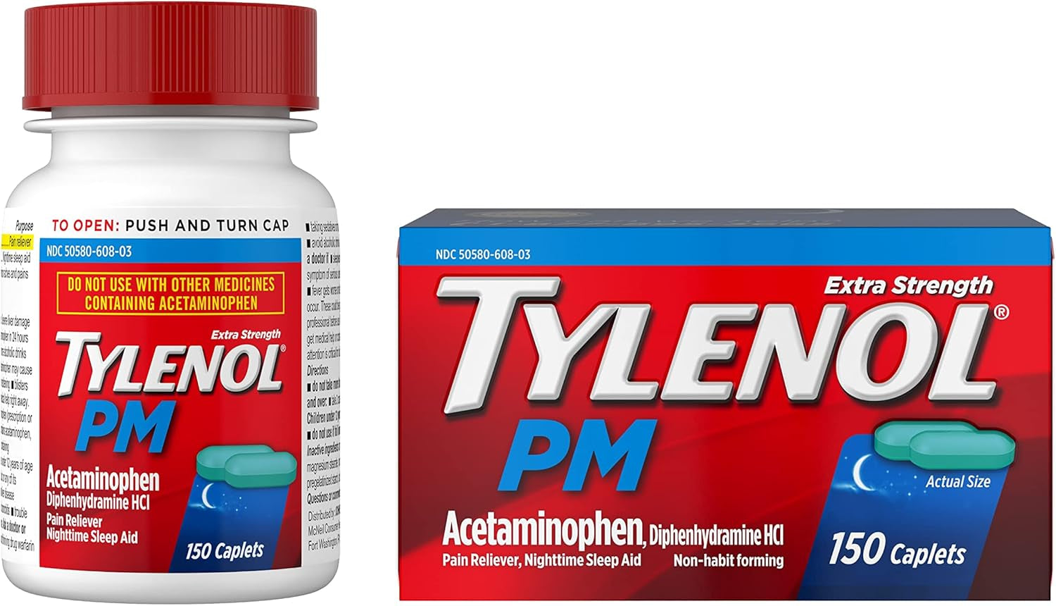 PM Extra Strength Nighttime Pain Reliever & Sleep Aid Caplets, 500 Mg Acetaminophen & 25 Mg Diphenhydramine Hcl, Relief for Nighttime Aches & Pains, Non-Habit Forming, 150 Ct