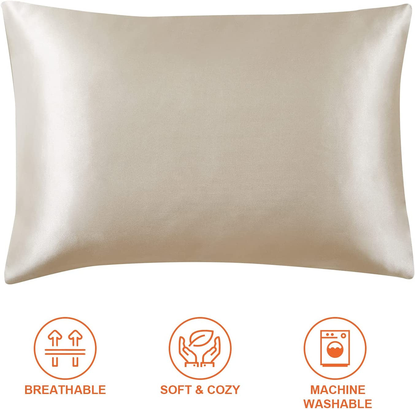 Satin Pillowcase for Hair and Skin Silk Pillowcase Set of 2 Beige Soft Pillow Cases 2 Pack Queen Size 20X30 Inches with Envelope Closure