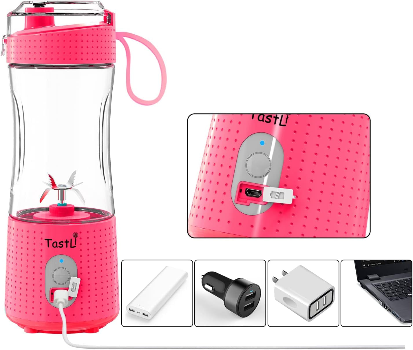 Personal Blender, Portable Travel Mini Ice Mixer Electric Smoothie Blender Juicer Cup Maker, with 13 Oz Bottles, 6 Blades and USB 4000Mah Strong Power for Shakes and Smoothies (Pink)