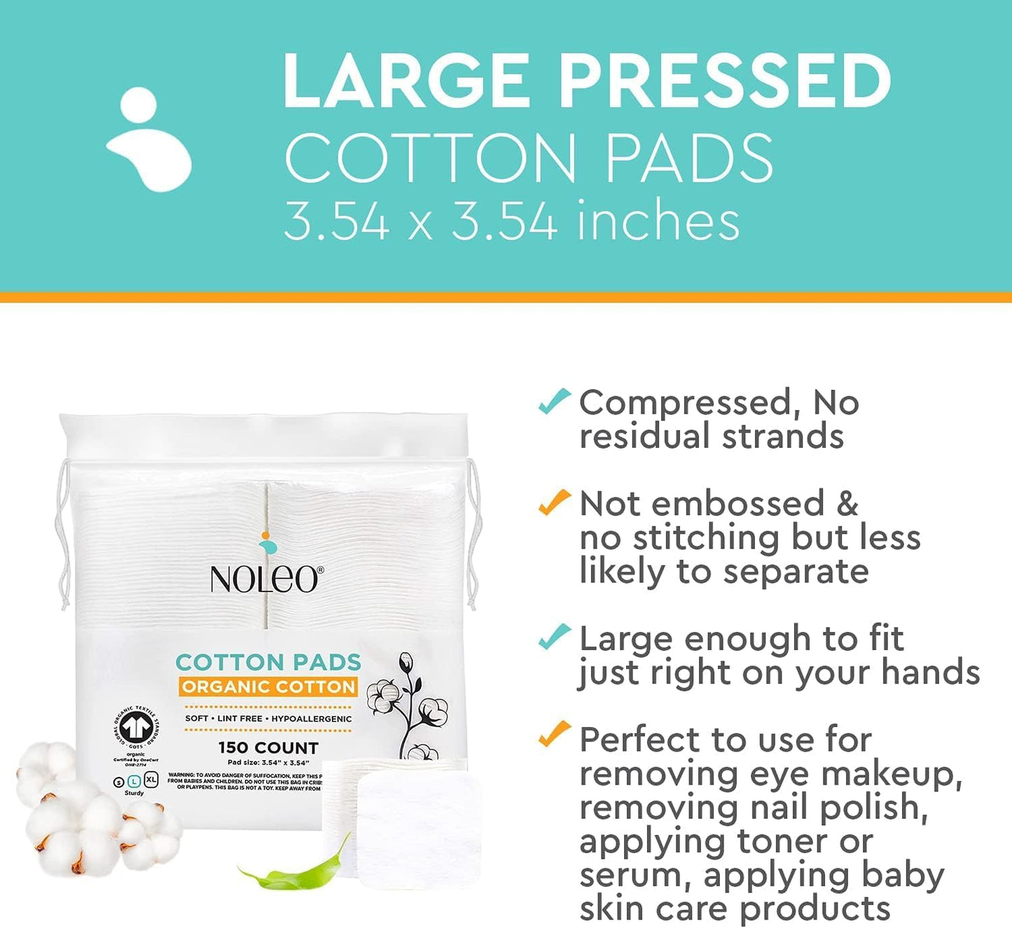 Organic Cotton Pads - Large & Pressed Cotton Pads - Lint Free Cotton Pads for Face - Makeup Remover Pads - 100% Cotton Face Pads - Premium Cotton Squares - Face Cleansing Pads 3.54"X3.54" [150 Count]