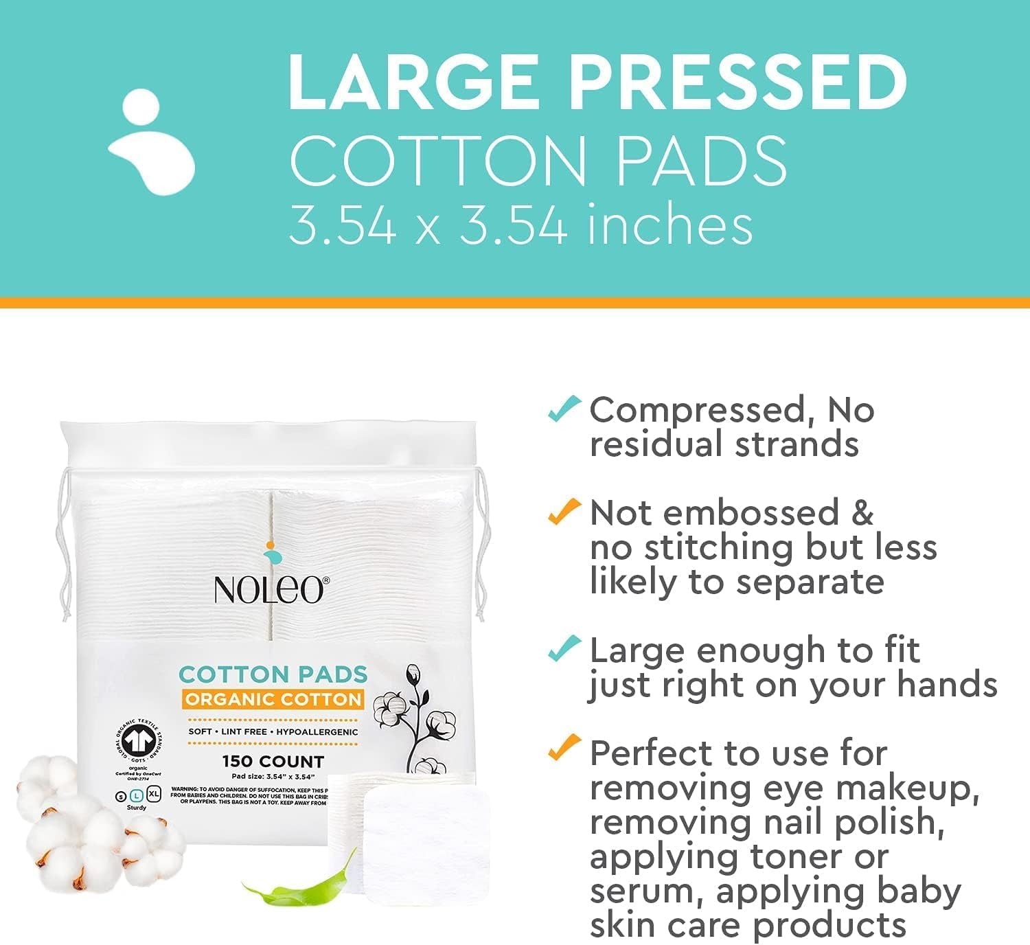 Organic Cotton Pads - Large & Pressed Cotton Pads - Lint Free Cotton Pads for Face - Makeup Remover Pads - 100% Cotton Face Pads - Premium Cotton Squares - Face Cleansing Pads 3.54"X3.54" [150 Count]