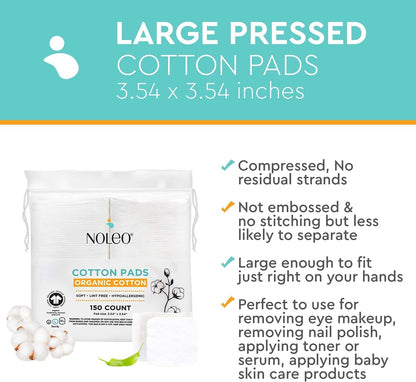 Organic Cotton Pads - Large & Pressed Cotton Pads - Lint Free Cotton Pads for Face - Makeup Remover Pads - 100% Cotton Face Pads - Premium Cotton Squares - Face Cleansing Pads 3.54"X3.54" [150 Count]